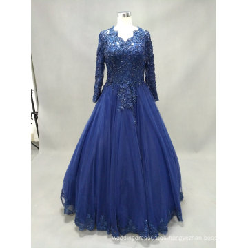 Manga larga cuello en V vestido de encaje azul vestido de noche
